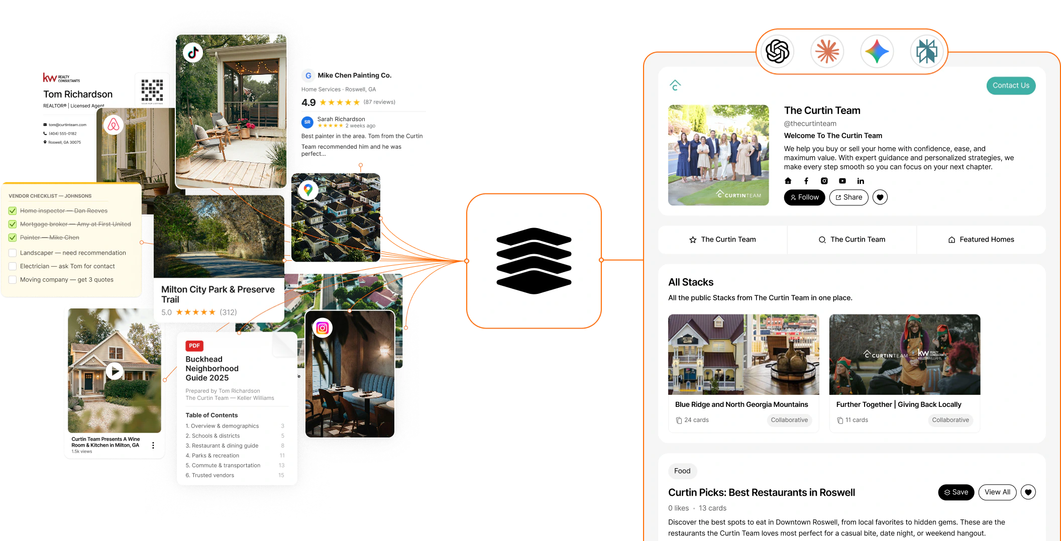 Agent content flowing into a Stacklist hub, fanning out to AI assistants, and reaching a public agent hub preview.