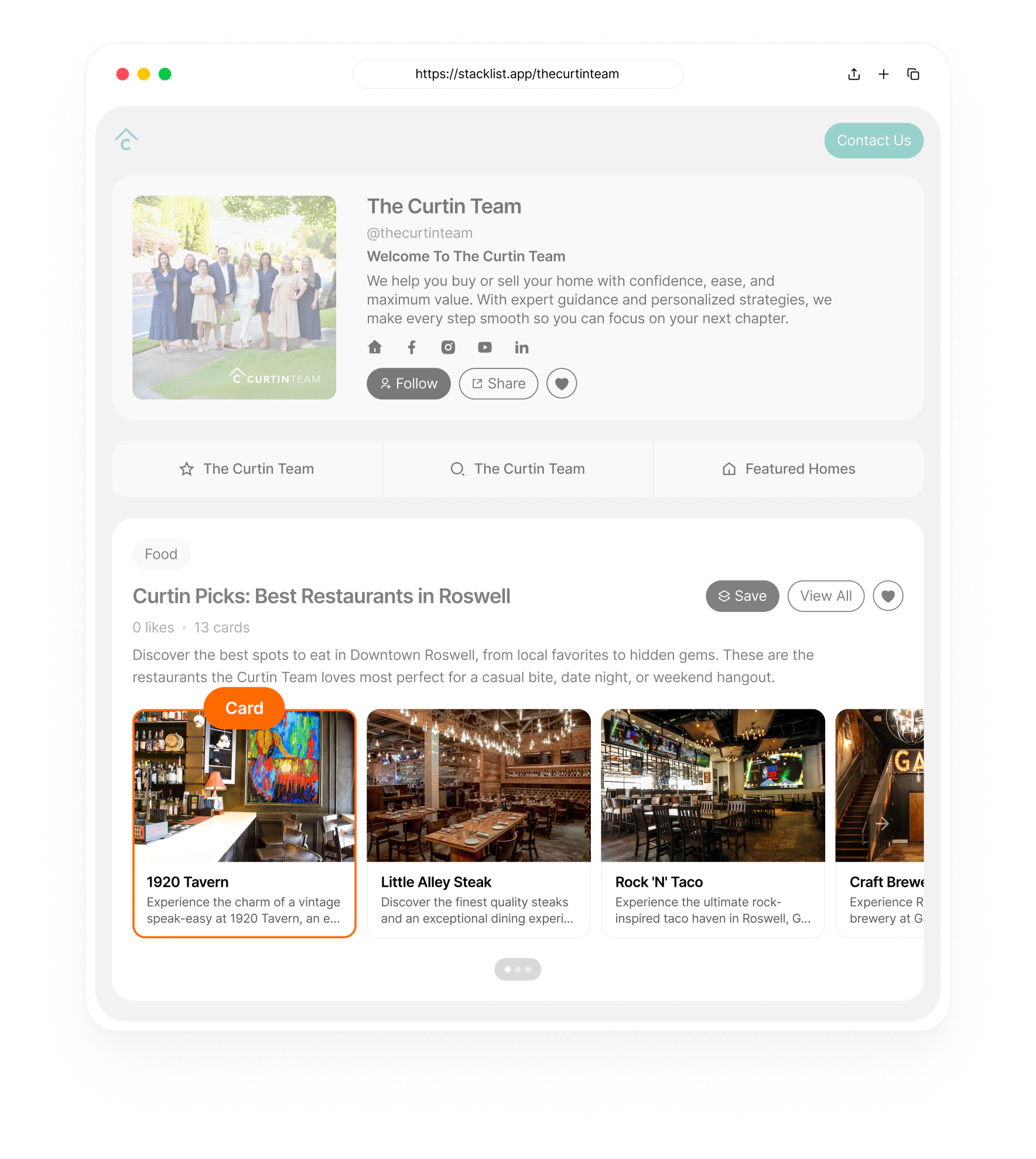 A Stacklist card highlighted with an orange border showing a restaurant recommendation