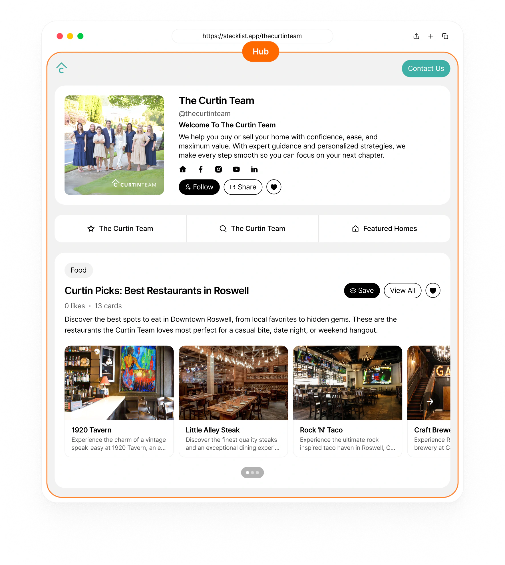 A full Stacklist hub highlighted with an orange border showing the complete browsable page
