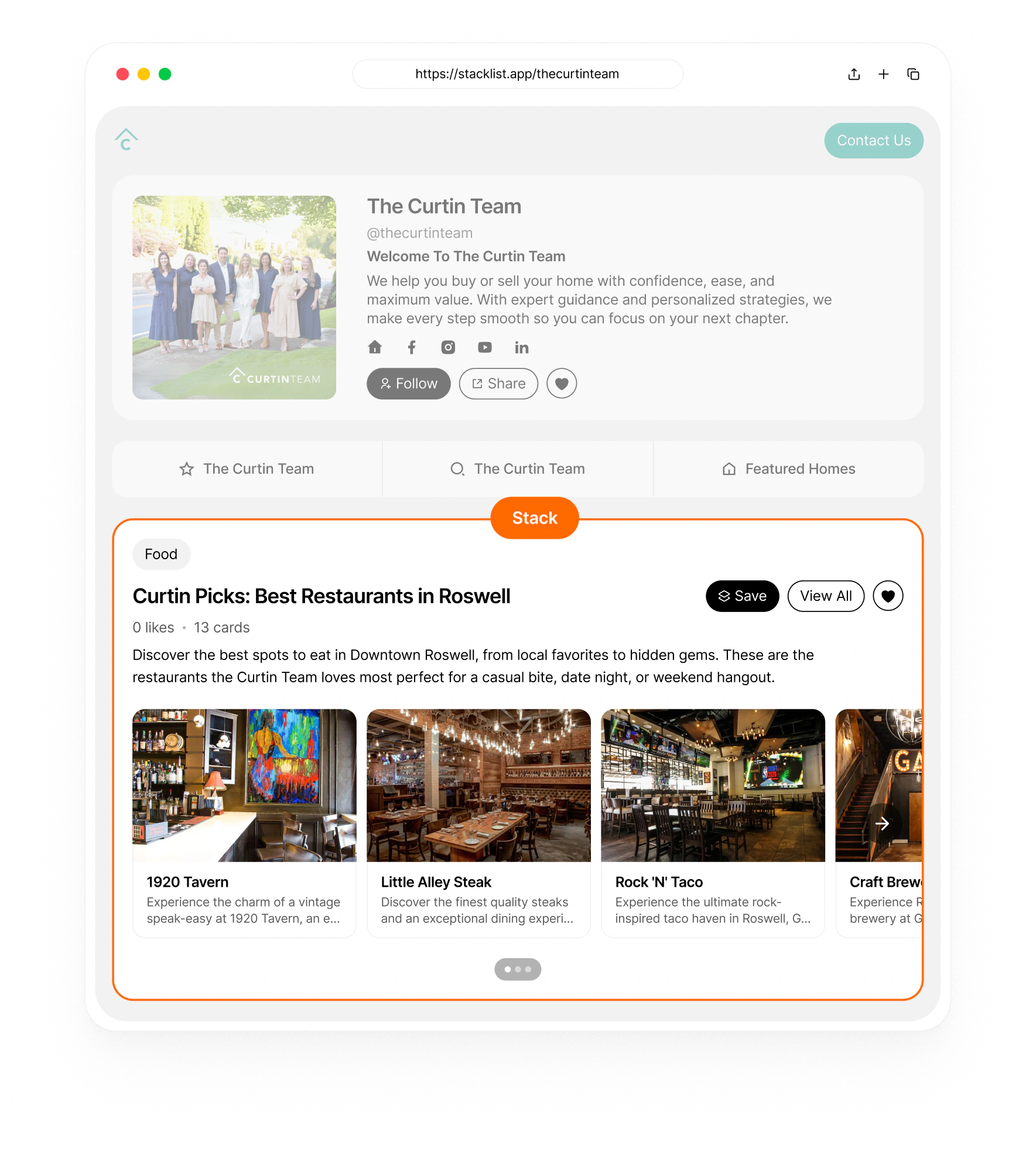 A Stacklist stack highlighted with an orange border showing a collection of restaurant cards