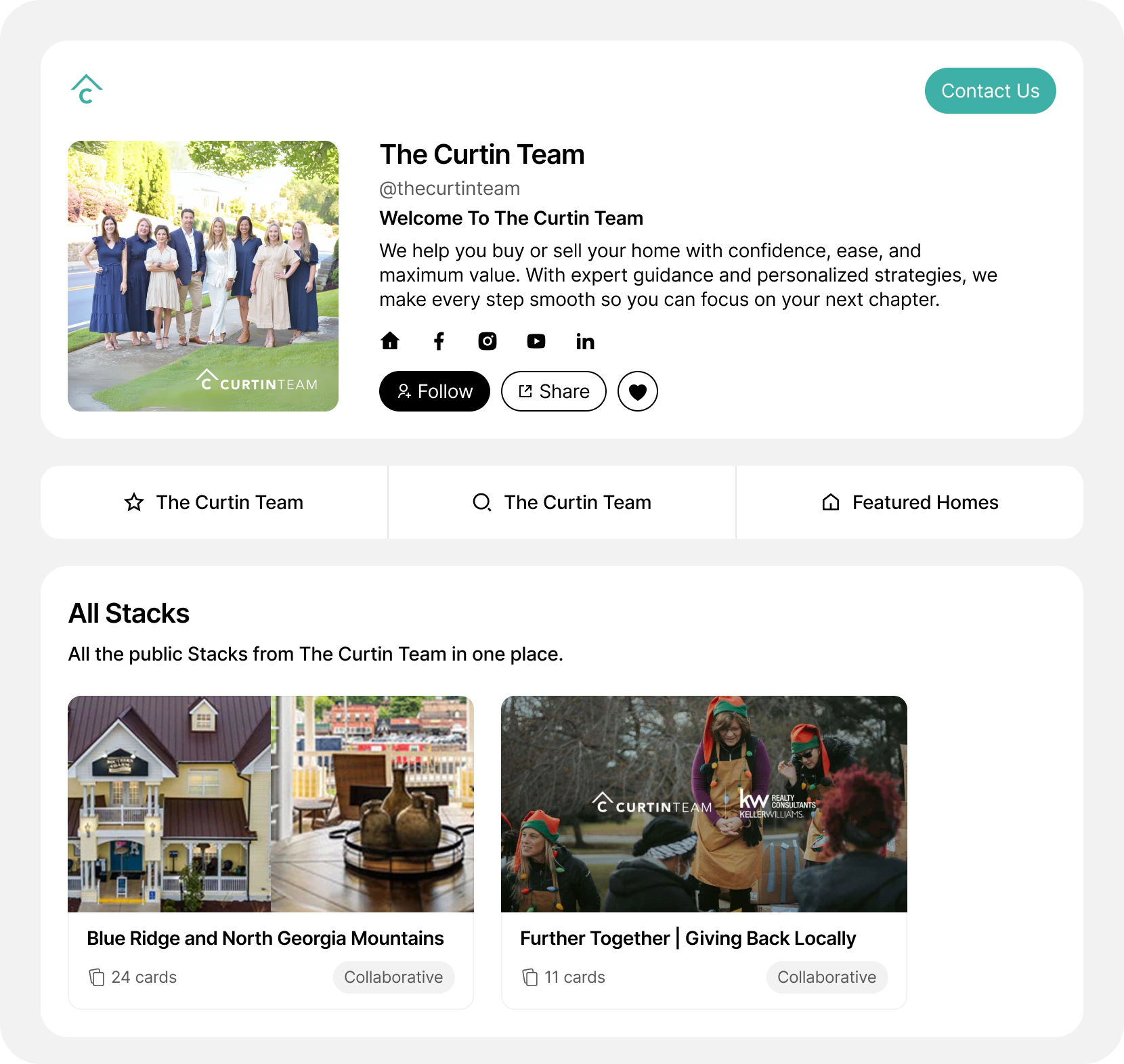 The Curtin Team Stacklist hub showing neighborhood guides and restaurant recommendations